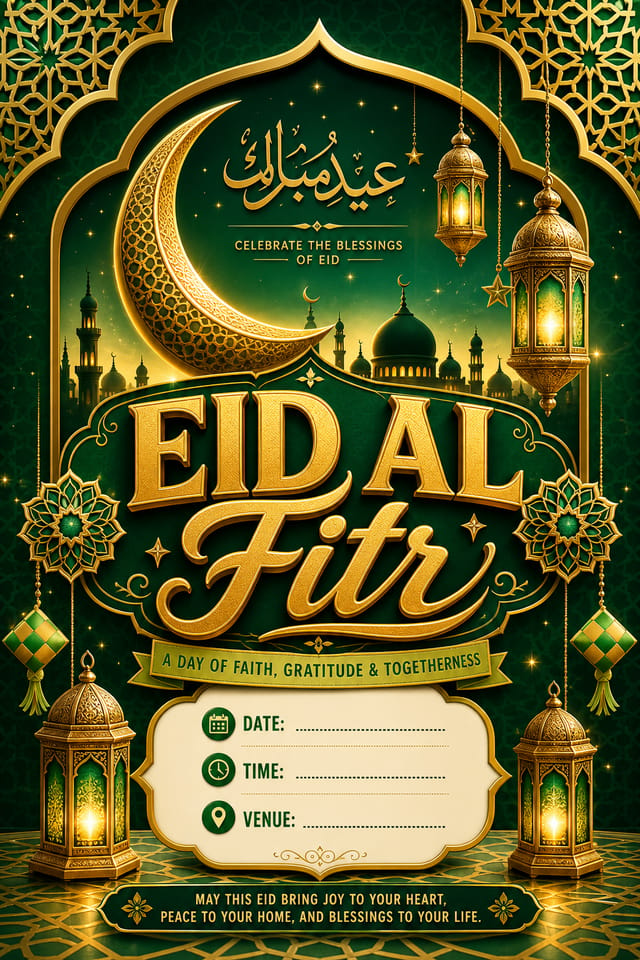 EID al — vibrant style invitation card, featuring crescent moon, lanterns, gold and green palette, Islamic geometric patterns, festive ornaments