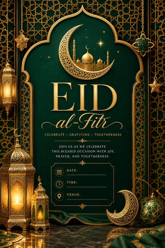 EID al — elegant style invitation card, featuring crescent moon, lanterns, gold and green palette, Islamic geometric patterns, festive ornaments