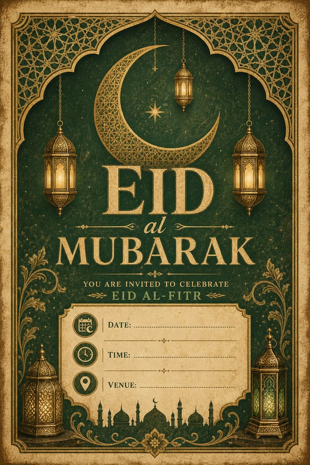 EID al — vintage style invitation card, featuring crescent moon, lanterns, gold and green palette, Islamic geometric patterns, festive ornaments