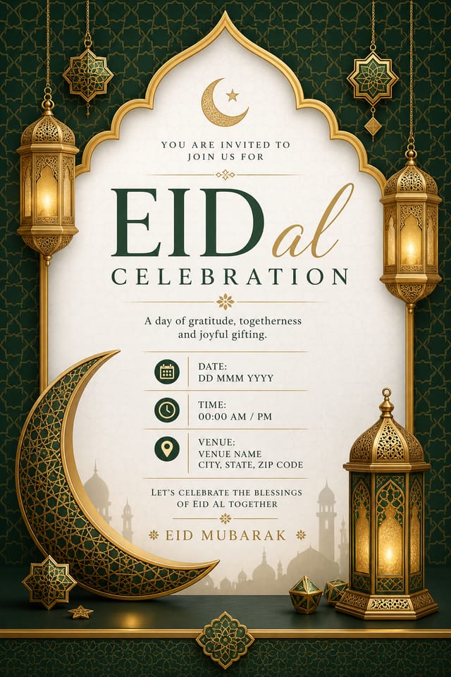 EID al — corporate style invitation card, featuring crescent moon, lanterns, gold and green palette, Islamic geometric patterns, festive ornaments
