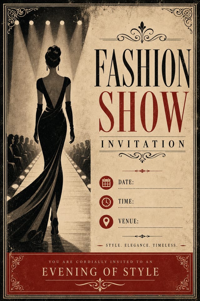 Fashion Show Invitation — vintage style invitation card, featuring model silhouette, runway, minimal modern aesthetic, monochrome with bold accent