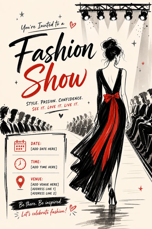 Fashion Show Invitation — illustration style invitation card, featuring model silhouette, runway, minimal modern aesthetic, monochrome with bold accent