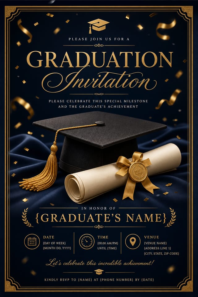 Graduation Invitation — elegant style invitation card, featuring graduation cap, diploma scroll, gold tassel, academic regalia, celebratory confetti