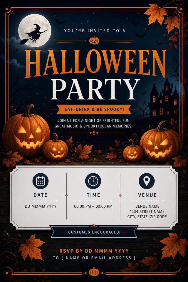 Halloween Party Invitation — corporate style invitation card, featuring pumpkins, autumn leaves, orange and black palette, spooky silhouettes