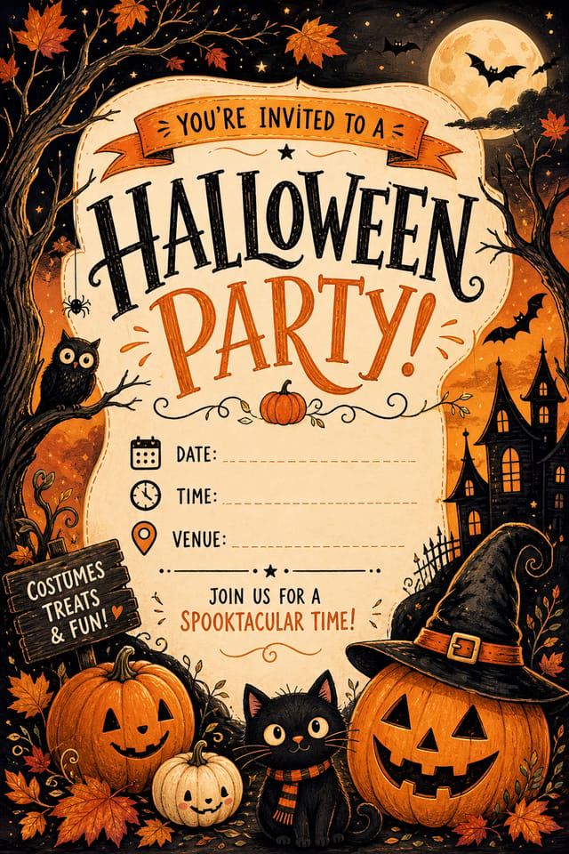 Halloween Party Invitation — illustration style invitation card, featuring pumpkins, autumn leaves, orange and black palette, spooky silhouettes