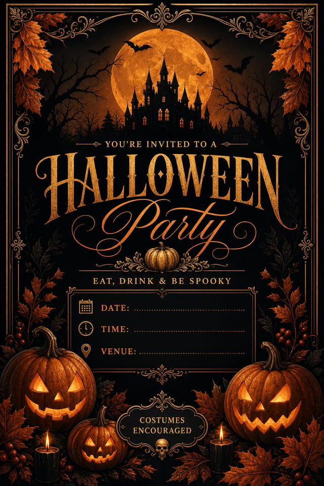 Halloween Party Invitation — elegant style invitation card, featuring pumpkins, autumn leaves, orange and black palette, spooky silhouettes