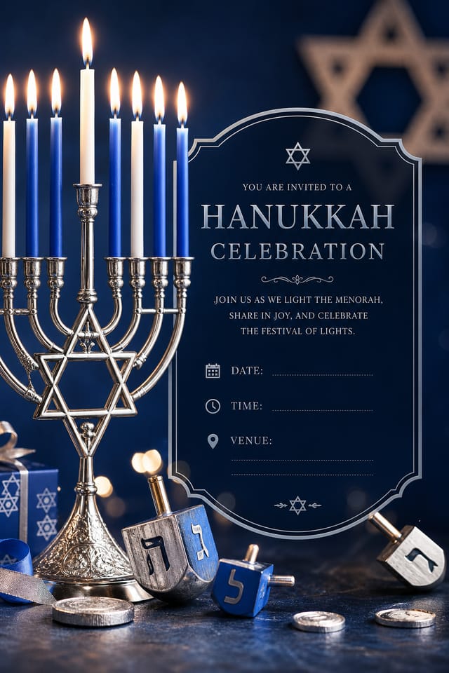 Hanukkah Invitation — photo-realistic style invitation card, featuring menorah candles, Star of David, blue and silver palette, dreidels