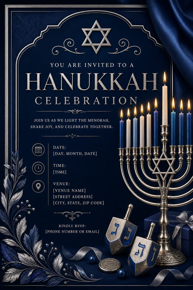 Hanukkah Invitation — elegant style invitation card, featuring menorah candles, Star of David, blue and silver palette, dreidels