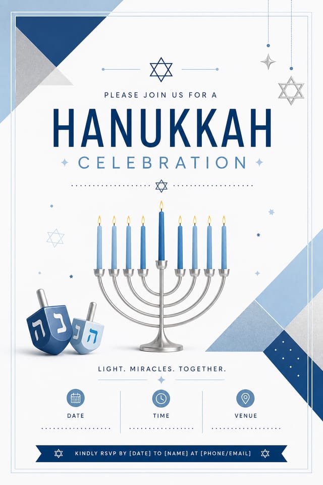 Hanukkah Invitation — modern style invitation card, featuring menorah candles, Star of David, blue and silver palette, dreidels