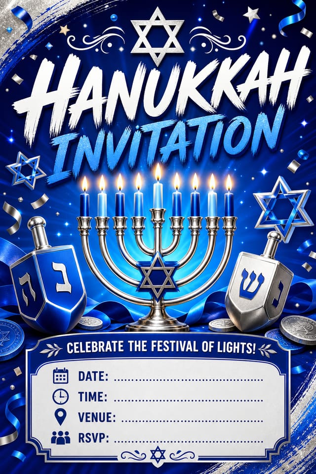 Hanukkah Invitation — vibrant style invitation card, featuring menorah candles, Star of David, blue and silver palette, dreidels