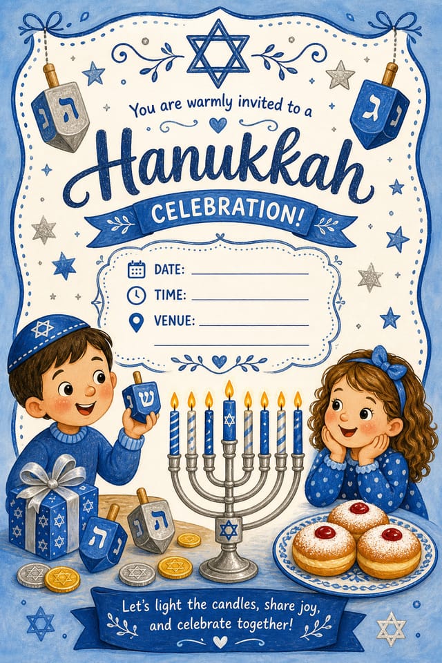 Hanukkah Invitation — illustration style invitation card, featuring menorah candles, Star of David, blue and silver palette, dreidels