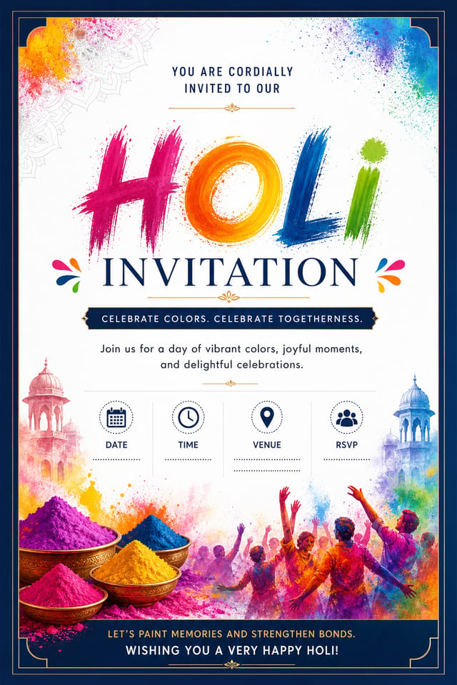 Holi Invitation — corporate style invitation card, featuring vibrant color powder splashes, joyful imagery, rainbow palette, traditional Indian motifs