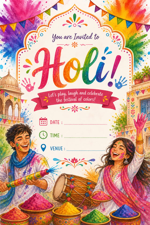 Holi Invitation — illustration style invitation card, featuring vibrant color powder splashes, joyful imagery, rainbow palette, traditional Indian motifs