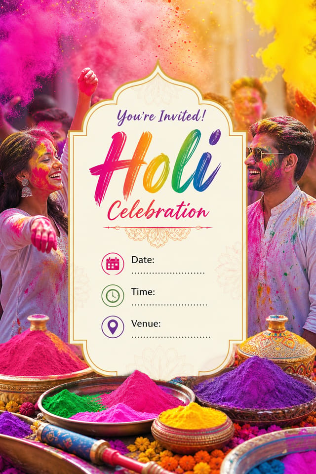 Holi Invitation — photo-realistic style invitation card, featuring vibrant color powder splashes, joyful imagery, rainbow palette, traditional Indian motifs
