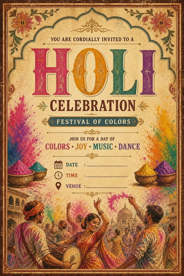 Holi Invitation — vintage style invitation card, featuring vibrant color powder splashes, joyful imagery, rainbow palette, traditional Indian motifs