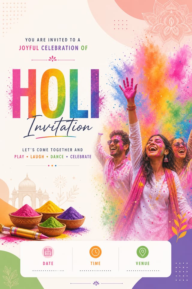 Holi Invitation — modern style invitation card, featuring vibrant color powder splashes, joyful imagery, rainbow palette, traditional Indian motifs