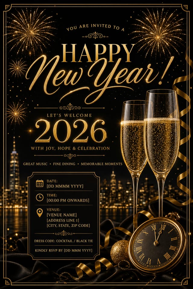 New Year Invitation — elegant style invitation card, featuring fireworks, champagne, gold and black palette, celebratory typography