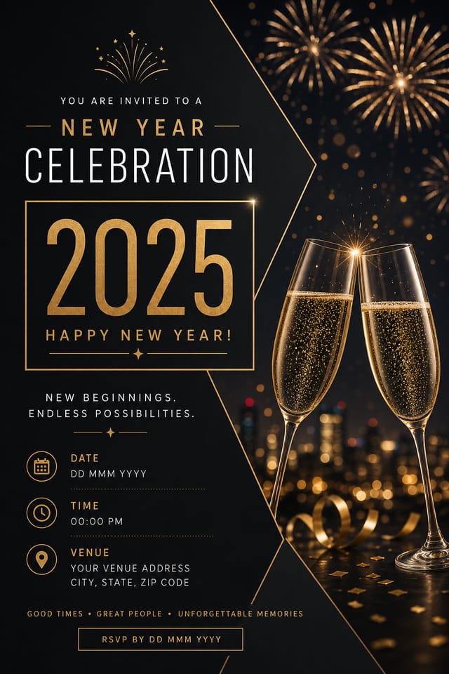 New Year Invitation — modern style invitation card, featuring fireworks, champagne, gold and black palette, celebratory typography