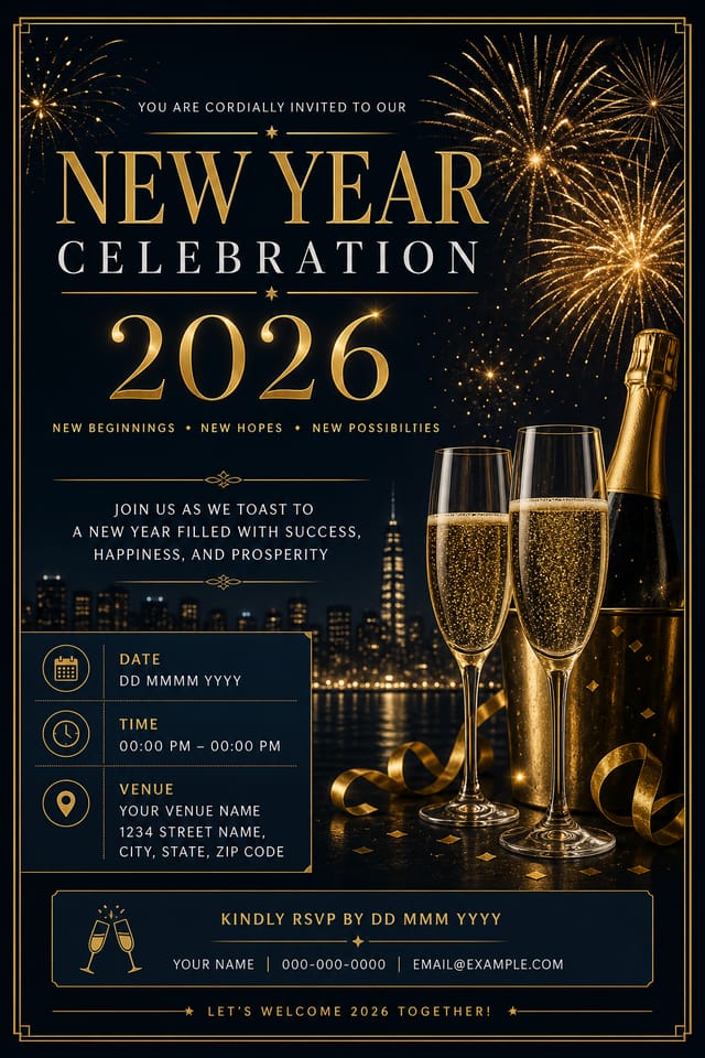 New Year Invitation — corporate style invitation card, featuring fireworks, champagne, gold and black palette, celebratory typography