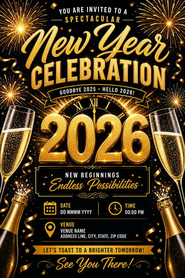 New Year Invitation — vibrant style invitation card, featuring fireworks, champagne, gold and black palette, celebratory typography