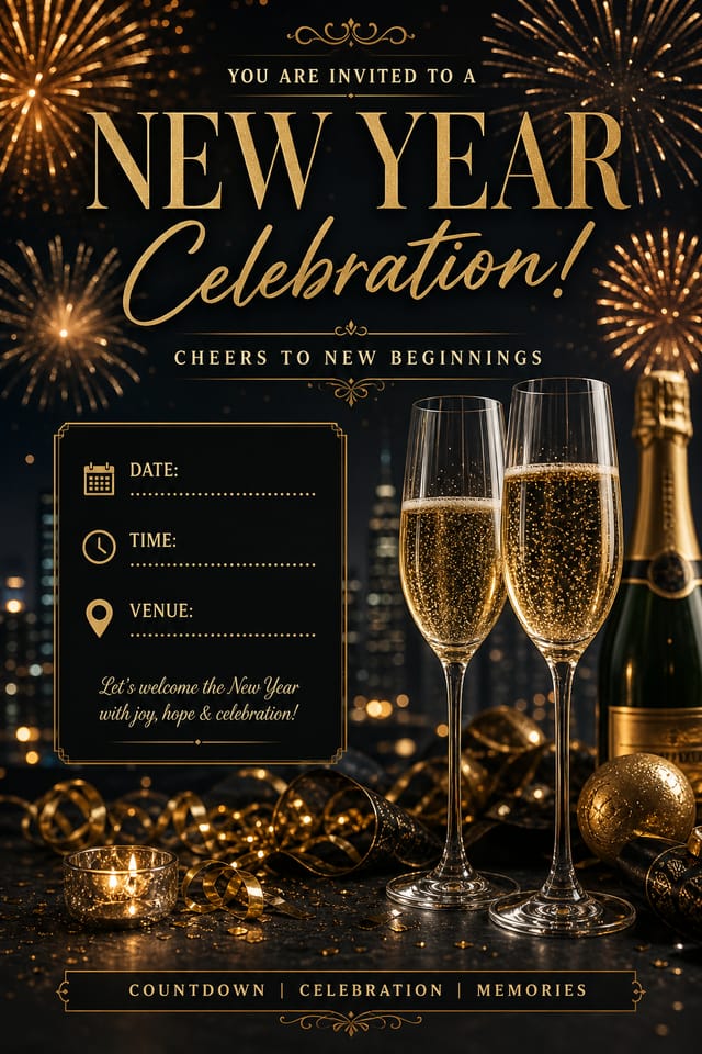 New Year Invitation — photo-realistic style invitation card, featuring fireworks, champagne, gold and black palette, celebratory typography