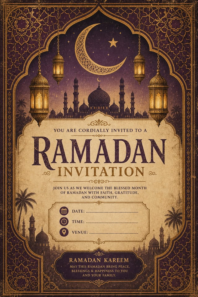 Ramadan Invitation — vintage style invitation card, featuring crescent moon, lanterns, mosque silhouettes, gold and purple palette, Islamic geometric patterns