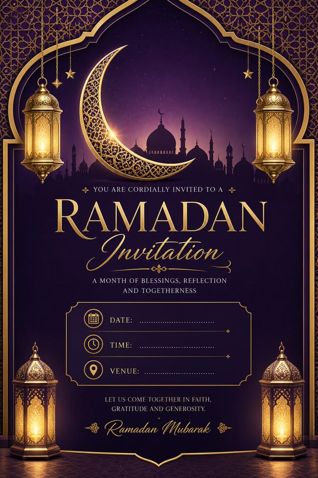 Ramadan Invitation — elegant style invitation card, featuring crescent moon, lanterns, mosque silhouettes, gold and purple palette, Islamic geometric patterns