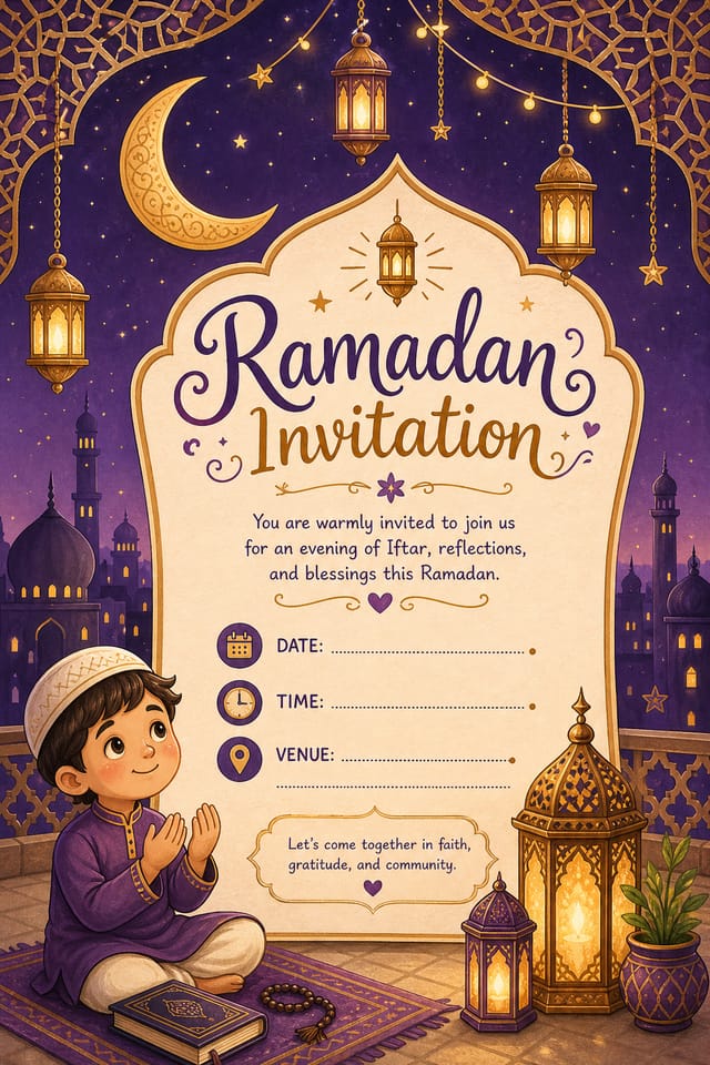 Ramadan Invitation — illustration style invitation card, featuring crescent moon, lanterns, mosque silhouettes, gold and purple palette, Islamic geometric patterns
