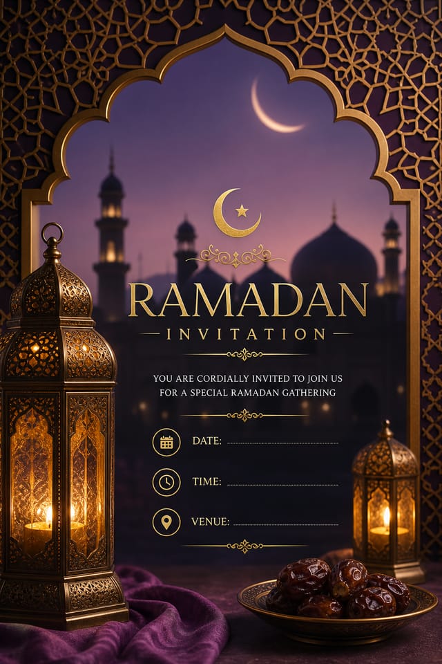 Ramadan Invitation — photo-realistic style invitation card, featuring crescent moon, lanterns, mosque silhouettes, gold and purple palette, Islamic geometric patterns