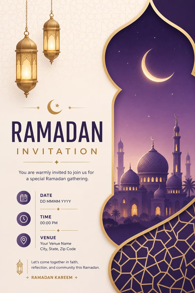 Ramadan Invitation — modern style invitation card, featuring crescent moon, lanterns, mosque silhouettes, gold and purple palette, Islamic geometric patterns