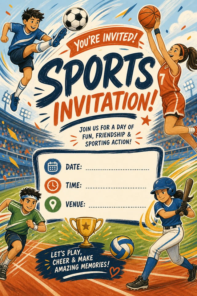Sports Invitation — illustration style invitation card, featuring athletic action poses, stadium imagery, dynamic motion lines