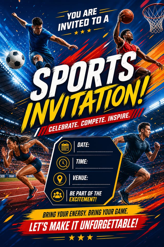 Sports Invitation — vibrant style invitation card, featuring athletic action poses, stadium imagery, dynamic motion lines