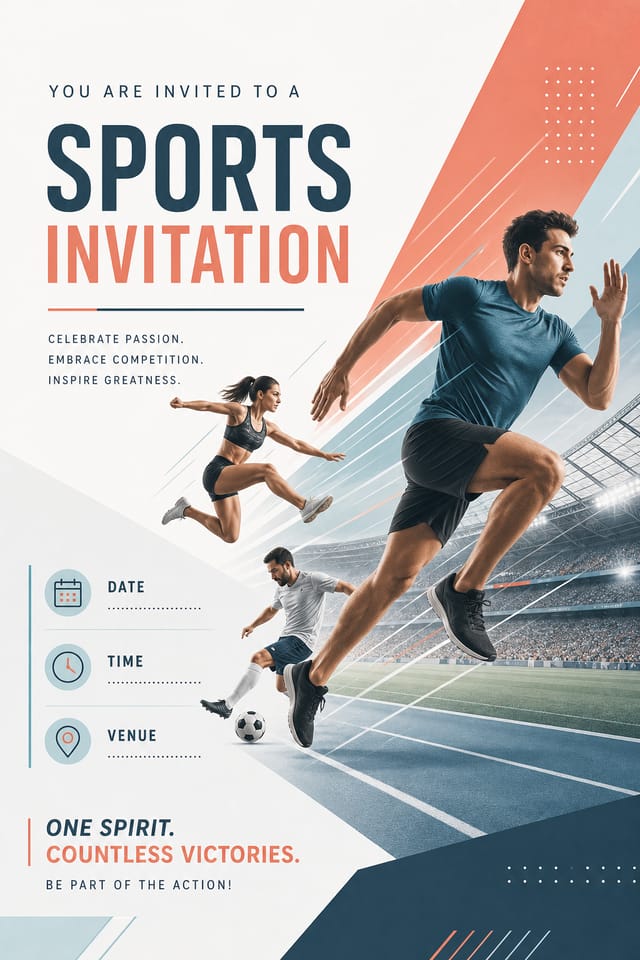 Sports Invitation — modern style invitation card, featuring athletic action poses, stadium imagery, dynamic motion lines