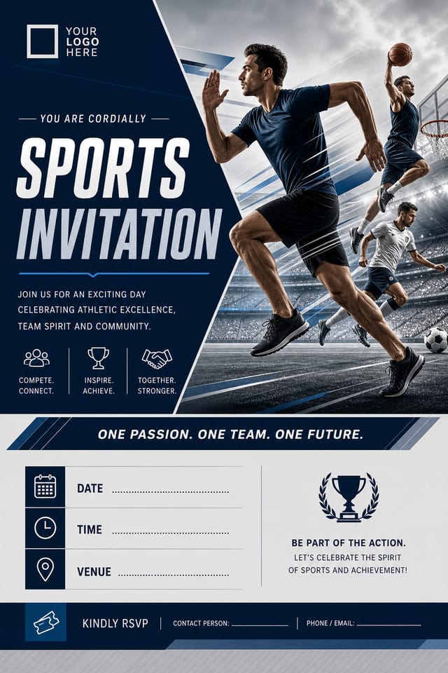 Sports Invitation — corporate style invitation card, featuring athletic action poses, stadium imagery, dynamic motion lines