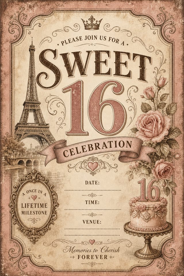 Sweet 16 Invitation — vintage style invitation card
