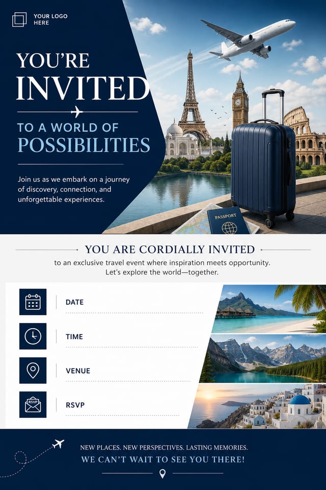 Travel Invitation — corporate style invitation card, featuring landmarks, suitcase, plane, scenic vistas