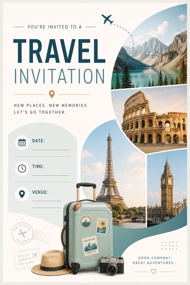 Travel Invitation — modern style invitation card, featuring landmarks, suitcase, plane, scenic vistas