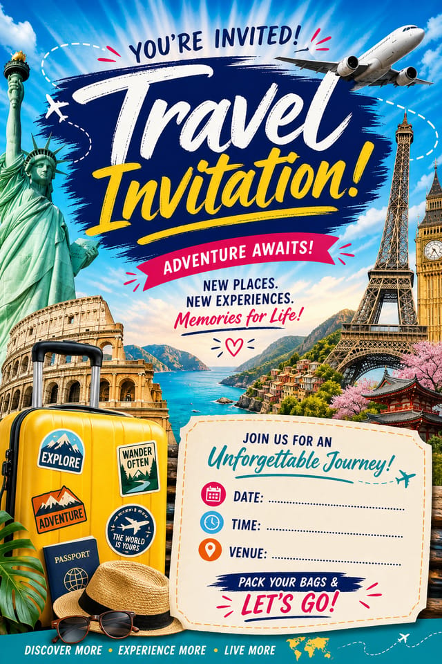 Travel Invitation — vibrant style invitation card, featuring landmarks, suitcase, plane, scenic vistas