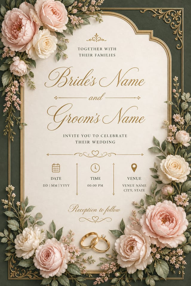 Wedding Invitation — elegant style invitation card, featuring romantic floral arrangements, soft pastels (blush, ivory, sage), elegant calligraphy
