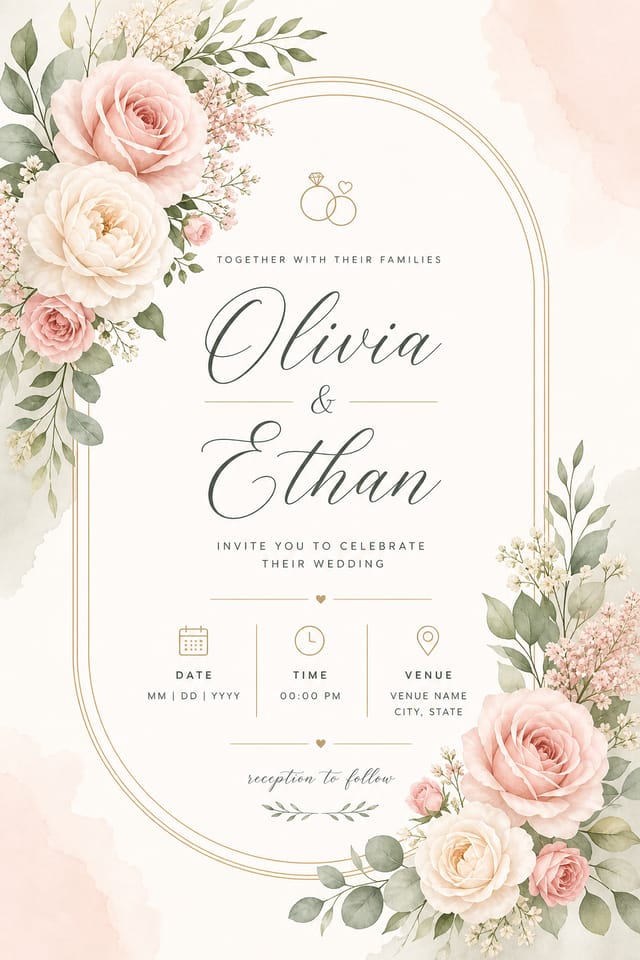 Wedding Invitation — modern style invitation card, featuring romantic floral arrangements, soft pastels (blush, ivory, sage), elegant calligraphy