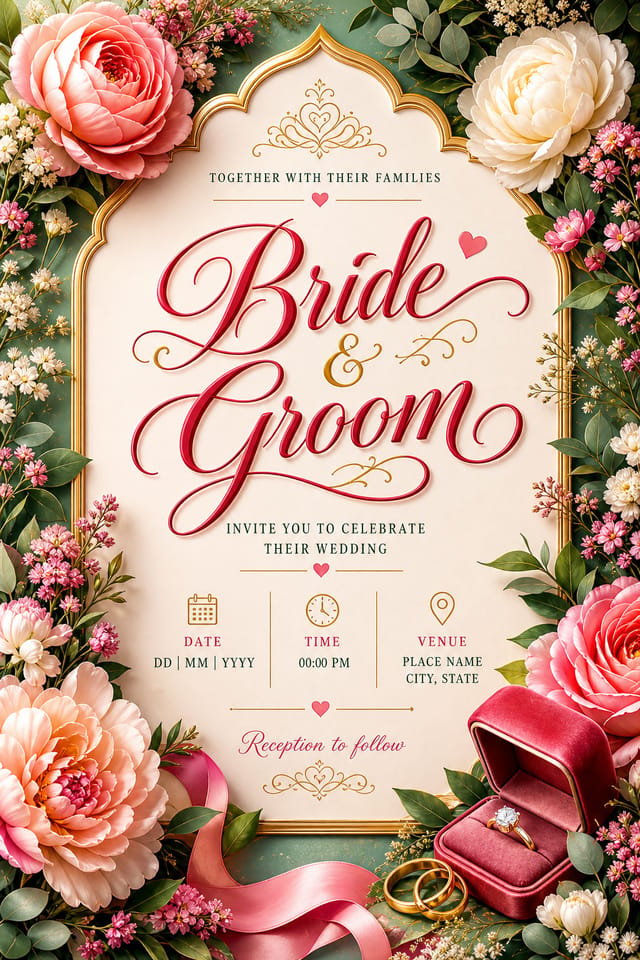 Wedding Invitation — vibrant style invitation card, featuring romantic floral arrangements, soft pastels (blush, ivory, sage), elegant calligraphy
