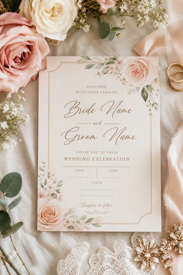 Wedding Invitation — photo-realistic style invitation card, featuring romantic floral arrangements, soft pastels (blush, ivory, sage), elegant calligraphy