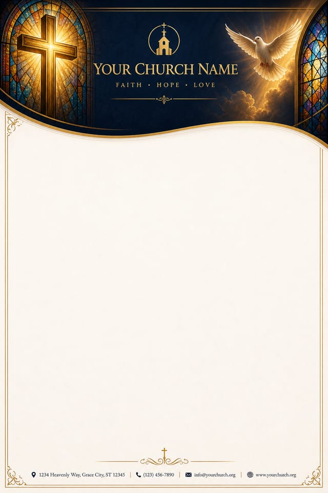 Church Letterhead — elegant style letterhead, featuring cross, stained glass, dove, warm divine palette