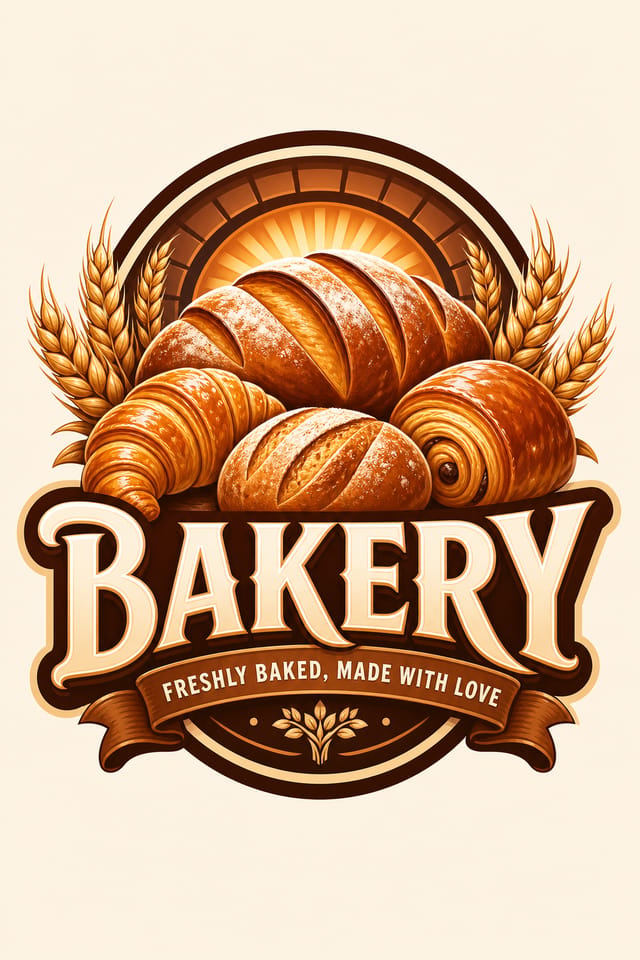 Bakery Logo — vibrant style logo concept, featuring bread loaves, croissants, wheat, warm brown and cream palette, pastry imagery