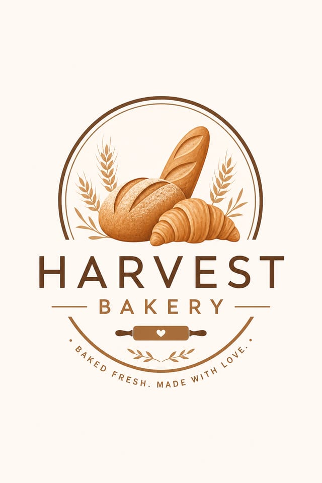 Bakery Logo — modern style logo concept, featuring bread loaves, croissants, wheat, warm brown and cream palette, pastry imagery