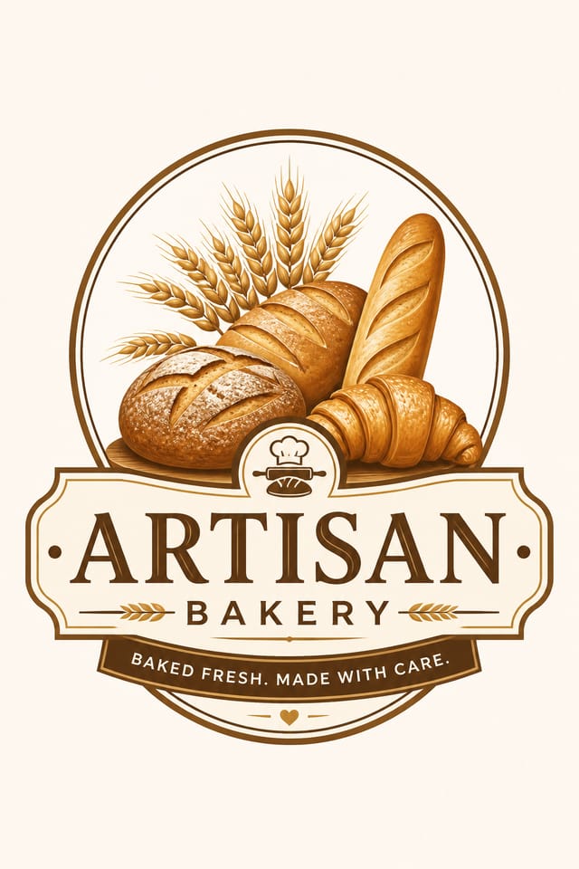 Bakery Logo — corporate style logo concept, featuring bread loaves, croissants, wheat, warm brown and cream palette, pastry imagery