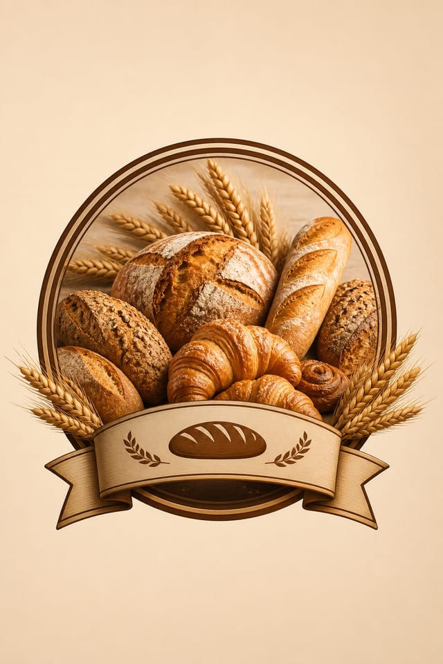 Bakery Logo — photo-realistic style logo concept, featuring bread loaves, croissants, wheat, warm brown and cream palette, pastry imagery