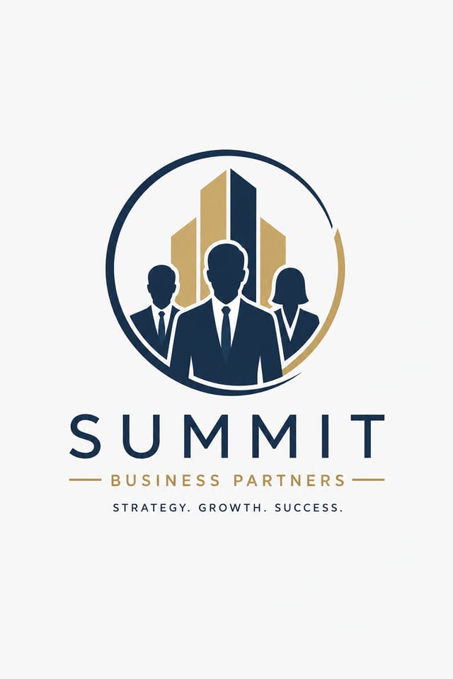 Business Logo — modern style logo concept, featuring professional office imagery, suit silhouettes, navy and gold palette