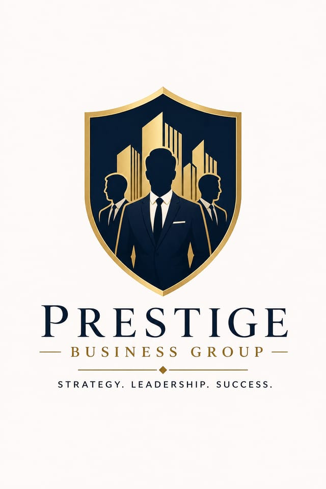 Business Logo — elegant style logo concept, featuring professional office imagery, suit silhouettes, navy and gold palette