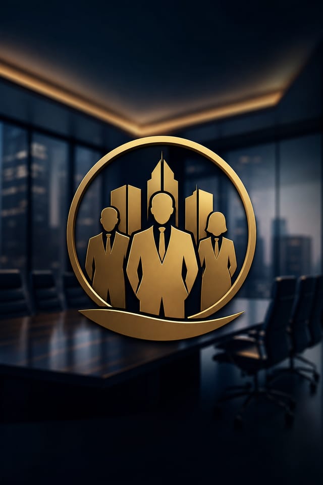 Business Logo — photo-realistic style logo concept, featuring professional office imagery, suit silhouettes, navy and gold palette